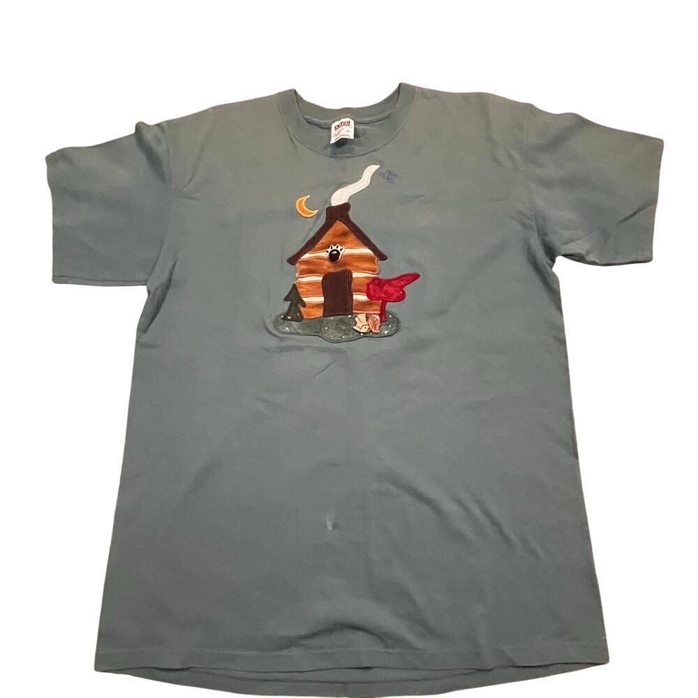 Rustic Cabin‎ Applique Graphic T Shirt Women Large Green Lodge Cottagecore
